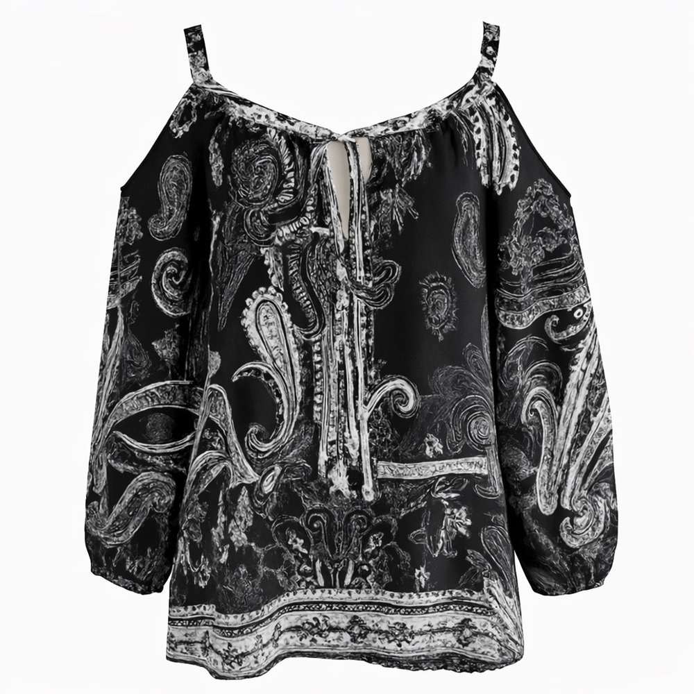 Beige by ECI Black and White Paisley Cold Shoulder Blouse Top Size Large